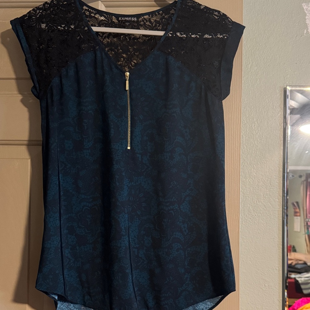 Express Women's Navy Lace Blouse with Zipper